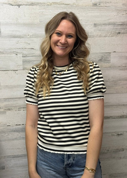 Black Striped Frill Sleeve Top