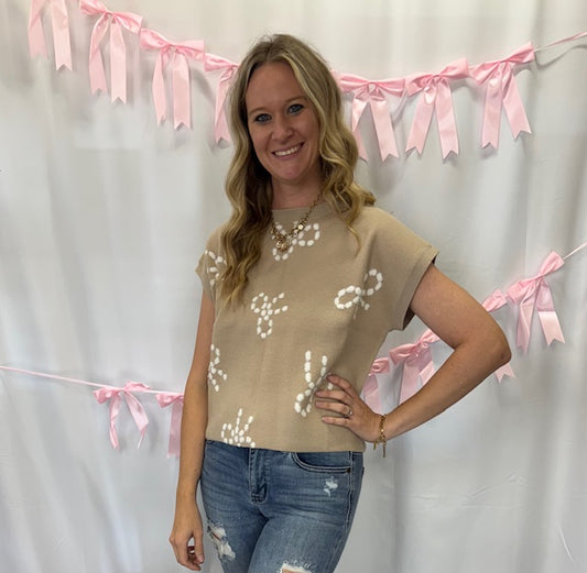 Khaki White Bow Detail Sweater