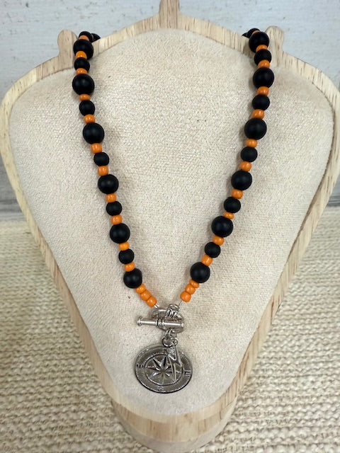 Beaded Orange and Black charm necklace
